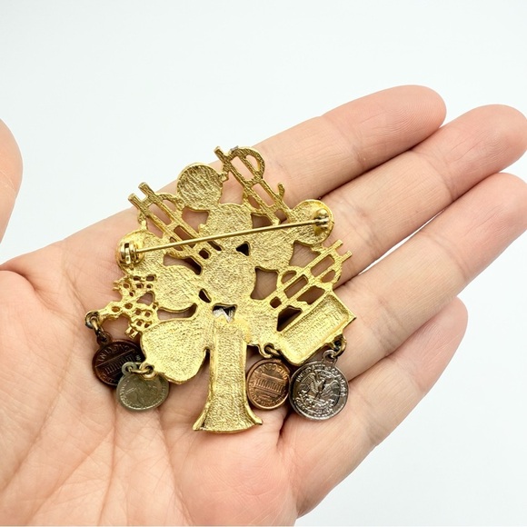 Vintage Money Grows on Trees Brooch Pin Dangling Coin Charms I Love Money Pin - Picture 4 of 5